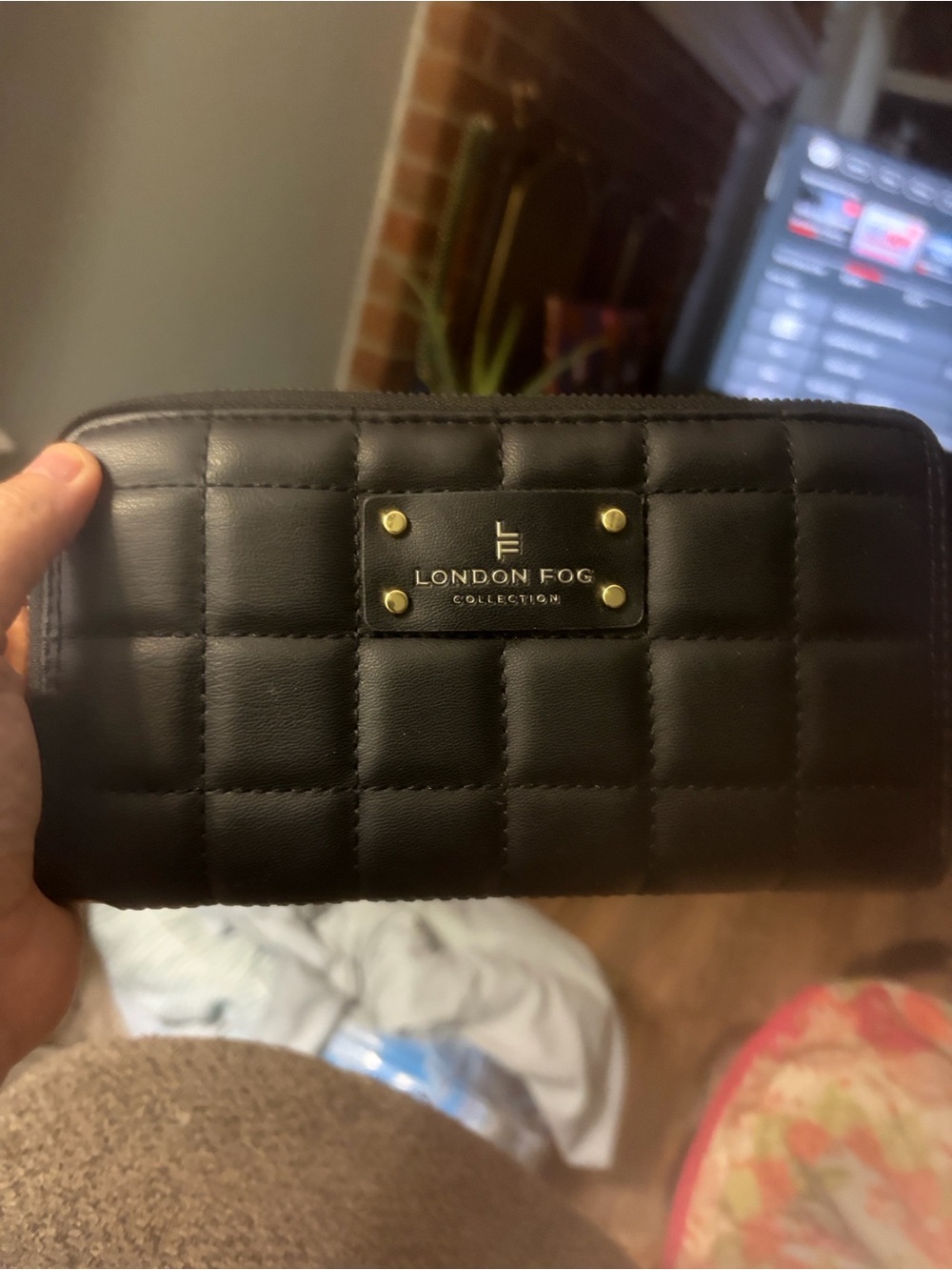 London Fog Black Quilted Zip-Around Wallet with Gold Hardware